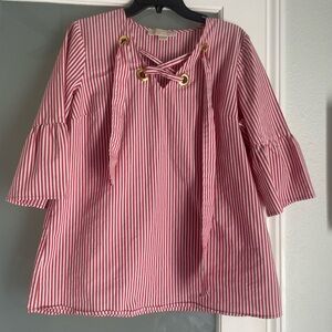 Michael Kors Women's Red Stripe Lace Up Top Long Bell Sleeve Shirt L
